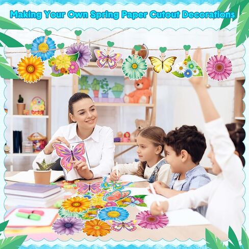 Jetec 48 قطعة من ديكورات الربيع للفصول الدراسية، قطع زهور الربيع، لوحة الإعلانات، ديكور الفراشة، قطع الورق، قطع الفراشة، قطع الديكور لموضوع حفلة عيد الميلاد، ديكور الفصل الدراسي in Kuwait