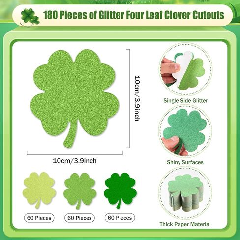 MixTeach 180 Pcs Four Leaf Clover Cutouts St. Patrick's Day Glitter Paper Cut-Outs 4 Inch Green 4 Leaf Shape Die Cuts for Irish St Patricks Day Party Bulletin Board Decorations School Craft Projects in Saudi Arabia