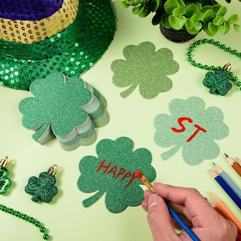 MixTeach 180 Pcs Four Leaf Clover Cutouts St. Patrick's Day Glitter Paper Cut-Outs 4 Inch Green 4 Leaf Shape Die Cuts for Irish St Patricks Day Party Bulletin Board Decorations School Craft Projects in Saudi Arabia