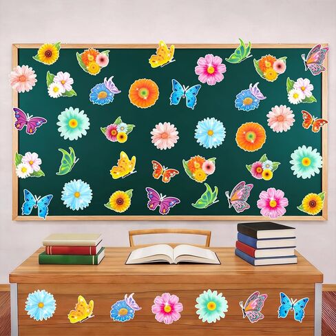 Konsait Flower Butterfly Cutouts,Spring Bulletin Board Decorations Set 48 Pcs Spring Flower Paper Butterflies Decor for Classroom Home Office,16 Designs in Saudi Arabia