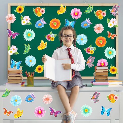 Konsait Flower Butterfly Cutouts,Spring Bulletin Board Decorations Set 48 Pcs Spring Flower Paper Butterflies Decor for Classroom Home Office,16 Designs in Saudi Arabia
