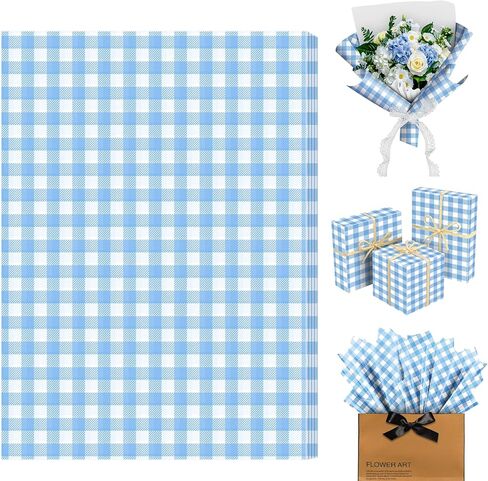 CaliLain 100 Sheets Gingham Tissue Paper; 14 x 20 Inch Blue and White Checkered Tissue Paper for Baby Shower, Wedding, Birthday, Holiday, Party Gift Wrapping; DIY Art Crafts Gingham Wrapping Papers in Saudi Arabia