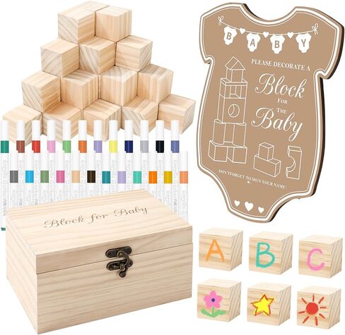 JarThenaAMCS 80 Pcs Baby Shower Game Kits Coloring Building Blocks Baby Clothes Wooden Display Sign Colorful Markers with Storage Box for Birthday Party DIY Crafts Supplies in Saudi Arabia