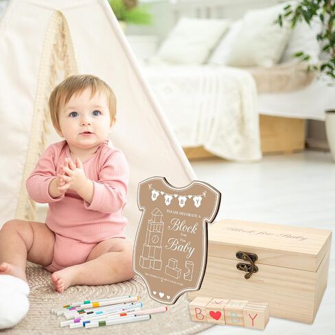 JarThenaAMCS 80 Pcs Baby Shower Game Kits Coloring Building Blocks Baby Clothes Wooden Display Sign Colorful Markers with Storage Box for Birthday Party DIY Crafts Supplies in Saudi Arabia