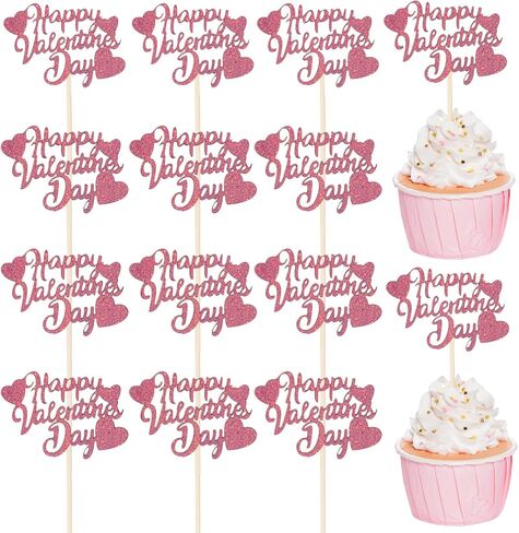 36Pcs Happy Valentine's Day Cupcake Toppers Red Glitter Heart Cupcake Picks Valentine Theme Birthday Cake Decorations Party Supplies in Saudi Arabia