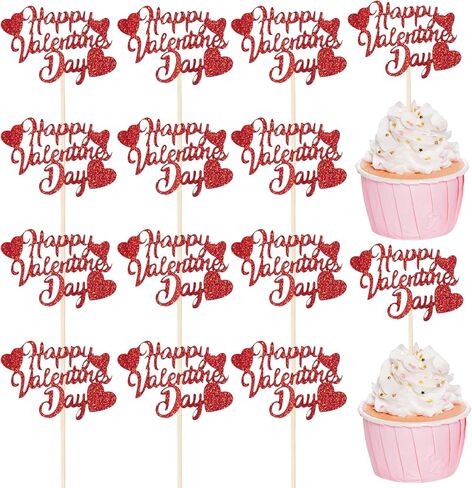 36Pcs Happy Valentine's Day Cupcake Toppers Red Glitter Heart Cupcake Picks Valentine Theme Birthday Cake Decorations Party Supplies in Saudi Arabia