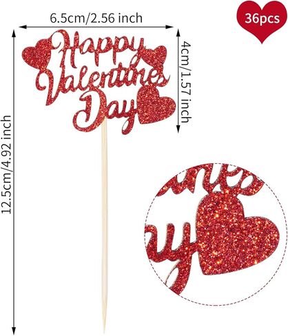 36Pcs Happy Valentine's Day Cupcake Toppers Red Glitter Heart Cupcake Picks Valentine Theme Birthday Cake Decorations Party Supplies in Saudi Arabia