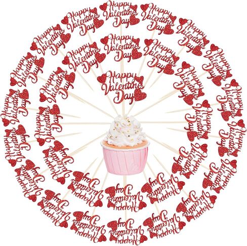 36Pcs Happy Valentine's Day Cupcake Toppers Red Glitter Heart Cupcake Picks Valentine Theme Birthday Cake Decorations Party Supplies in Saudi Arabia
