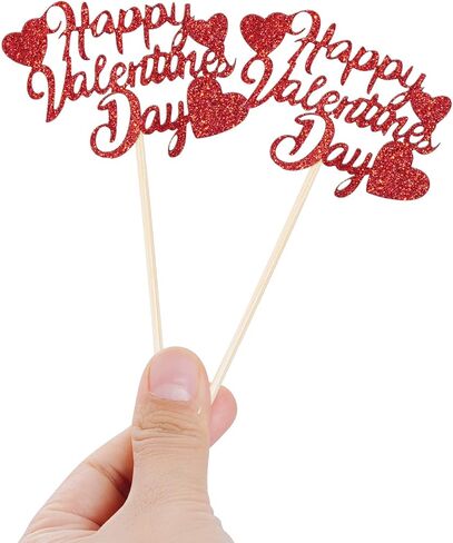 36Pcs Happy Valentine's Day Cupcake Toppers Red Glitter Heart Cupcake Picks Valentine Theme Birthday Cake Decorations Party Supplies in Saudi Arabia
