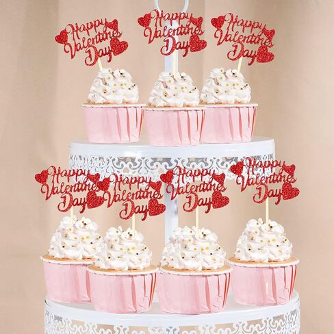 36Pcs Happy Valentine's Day Cupcake Toppers Red Glitter Heart Cupcake Picks Valentine Theme Birthday Cake Decorations Party Supplies in Saudi Arabia
