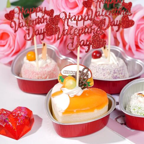 36Pcs Happy Valentine's Day Cupcake Toppers Red Glitter Heart Cupcake Picks Valentine Theme Birthday Cake Decorations Party Supplies in Saudi Arabia