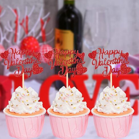 36Pcs Happy Valentine's Day Cupcake Toppers Red Glitter Heart Cupcake Picks Valentine Theme Birthday Cake Decorations Party Supplies in Saudi Arabia