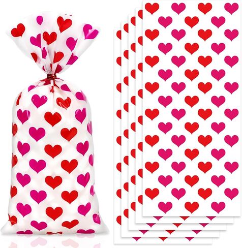 Whaline 100Pcs Valentine's Day Heart Cellophane Treat Bags with Twist Tie Red Pink Heart Decorative Plastic Gift Bags Candy Goodie Bags for Wedding Anniversary Birthday Party Supplies in Saudi Arabia