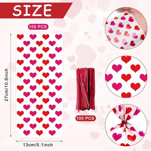 Whaline 100Pcs Valentine's Day Heart Cellophane Treat Bags with Twist Tie Red Pink Heart Decorative Plastic Gift Bags Candy Goodie Bags for Wedding Anniversary Birthday Party Supplies in Saudi Arabia
