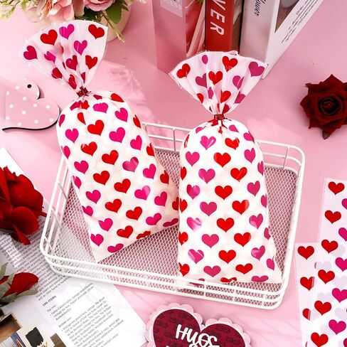 Whaline 100Pcs Valentine's Day Heart Cellophane Treat Bags with Twist Tie Red Pink Heart Decorative Plastic Gift Bags Candy Goodie Bags for Wedding Anniversary Birthday Party Supplies in Saudi Arabia
