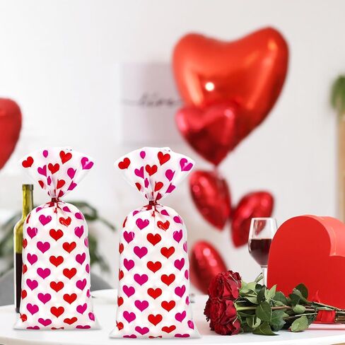Whaline 100Pcs Valentine's Day Heart Cellophane Treat Bags with Twist Tie Red Pink Heart Decorative Plastic Gift Bags Candy Goodie Bags for Wedding Anniversary Birthday Party Supplies in Saudi Arabia