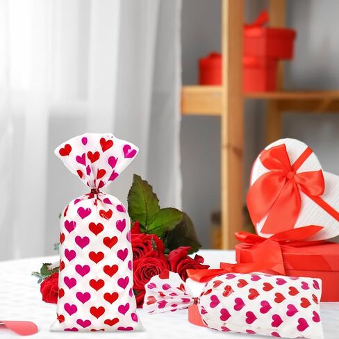 Whaline 100Pcs Valentine's Day Heart Cellophane Treat Bags with Twist Tie Red Pink Heart Decorative Plastic Gift Bags Candy Goodie Bags for Wedding Anniversary Birthday Party Supplies in Saudi Arabia