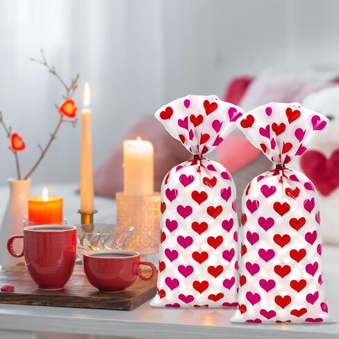 Whaline 100Pcs Valentine's Day Heart Cellophane Treat Bags with Twist Tie Red Pink Heart Decorative Plastic Gift Bags Candy Goodie Bags for Wedding Anniversary Birthday Party Supplies in Saudi Arabia
