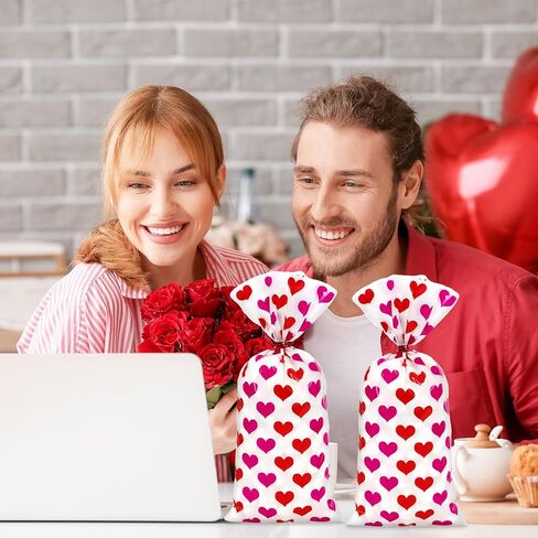 Whaline 100Pcs Valentine's Day Heart Cellophane Treat Bags with Twist Tie Red Pink Heart Decorative Plastic Gift Bags Candy Goodie Bags for Wedding Anniversary Birthday Party Supplies in Saudi Arabia