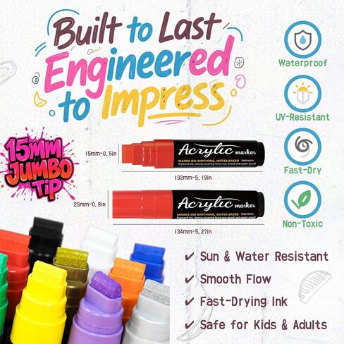 علامات ملصقات أكريليك جامبو من Ami للفصول الدراسية ولافتات الأحداث، 10 عبوات برأس سميك 15 مم، أقلام طلاء جريئة سريعة الجفاف للوحة الملصقات، والنسيج، واللافتات والمشروعات المدرسية، ومستلزمات هدايا المعلم والعطلات in Kuwait