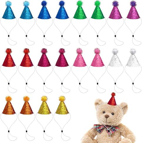 Okllen 20 Pieces Mini Birthday Hats for Stuffed Animals, Tiny Cone Party Hats with Pom Poms Glitter for Small Pets, Adjustable Cat Dog Rabbit Costume Hat for Birthday, Holiday in Saudi Arabia