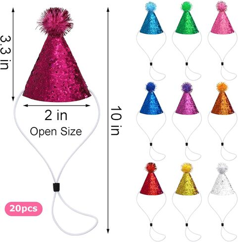 Okllen 20 Pieces Mini Birthday Hats for Stuffed Animals, Tiny Cone Party Hats with Pom Poms Glitter for Small Pets, Adjustable Cat Dog Rabbit Costume Hat for Birthday, Holiday in Saudi Arabia