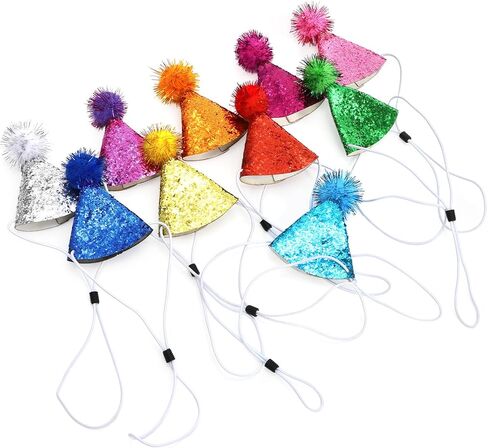 Okllen 20 Pieces Mini Birthday Hats for Stuffed Animals, Tiny Cone Party Hats with Pom Poms Glitter for Small Pets, Adjustable Cat Dog Rabbit Costume Hat for Birthday, Holiday in Saudi Arabia