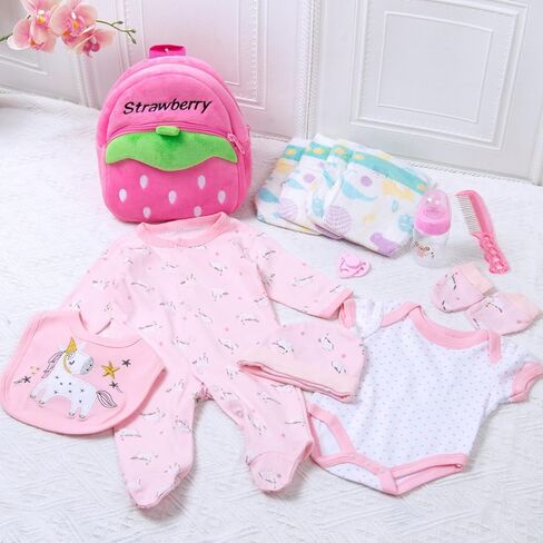 13 Pcs Reborn Baby Doll Clothes Set Girl 17-22 Inch Realistic Doll Outfits Pink with Backpack Diapers Bag Fedding Baby Doll Accessories Playset in Saudi Arabia