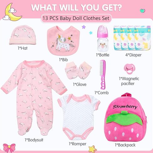 13 Pcs Reborn Baby Doll Clothes Set Girl 17-22 Inch Realistic Doll Outfits Pink with Backpack Diapers Bag Fedding Baby Doll Accessories Playset in Saudi Arabia