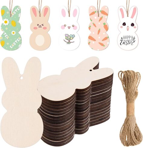 AWIZOM 60 Pcs Unfinished Easter Bunny Wooden Ornaments Wooden Bunny Cutouts to Paint Blank Wood Rabbit Slices with Twine for DIY Craft Present Tags Easter Spring Hanging Decorations,3.94x1.89 in Saudi Arabia