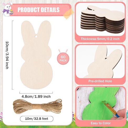 AWIZOM 60 Pcs Unfinished Easter Bunny Wooden Ornaments Wooden Bunny Cutouts to Paint Blank Wood Rabbit Slices with Twine for DIY Craft Present Tags Easter Spring Hanging Decorations,3.94x1.89 in Saudi Arabia