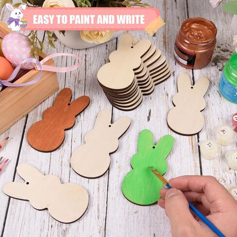 AWIZOM 60 Pcs Unfinished Easter Bunny Wooden Ornaments Wooden Bunny Cutouts to Paint Blank Wood Rabbit Slices with Twine for DIY Craft Present Tags Easter Spring Hanging Decorations,3.94x1.89 in Saudi Arabia