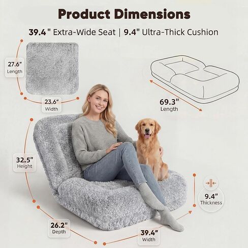 Flamaker Dog Bed, Foldable Human Dog Bed for Adult & Pets with Egg Orthopedic Foam, Adjustable Upholstered Big Bean Bed with 2 Soft Cushions for Living Room, Bedroom, Office (Gray) in Saudi Arabia