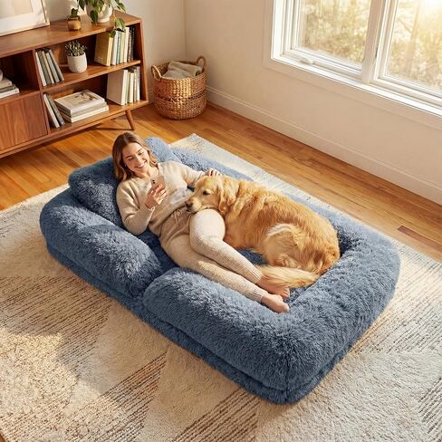 Flamaker Dog Bed, Foldable Human Dog Bed for Adult & Pets with Egg Orthopedic Foam, Adjustable Upholstered Big Bean Bed with 2 Soft Cushions for Living Room, Bedroom, Office (Gray) in Saudi Arabia