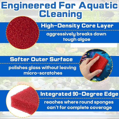 12-Pack Aquarium Glass Cleaner Sponges 3.25" x 3.25" x 1", Non-Scratch Scrubber Pads, Thick & Durable, Safe for Glass Fish Tanks for Crystal Clear View (Red) in Kuwait