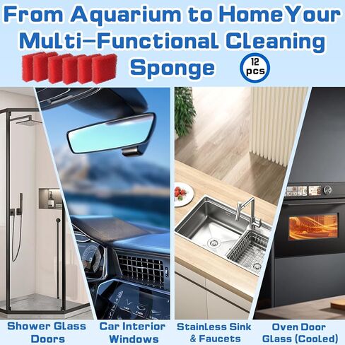 12-Pack Aquarium Glass Cleaner Sponges 3.25" x 3.25" x 1", Non-Scratch Scrubber Pads, Thick & Durable, Safe for Glass Fish Tanks for Crystal Clear View (Red) in Kuwait