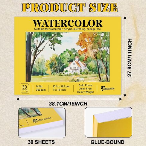 Watercolor Paper Pad 11x15 Inch 30 Sheets 140lb (300gsm) Glue Bound Artist Large Sketchbook Heavyweight Drawing Paper Book Water Color Pad for Adults and Students Mixed Media Markers Art Supplies in Saudi Arabia