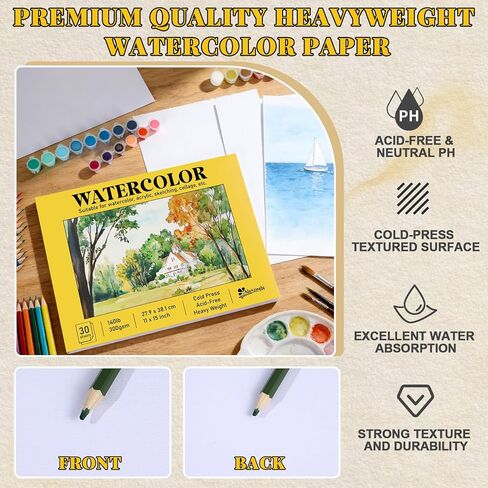 Watercolor Paper Pad 11x15 Inch 30 Sheets 140lb (300gsm) Glue Bound Artist Large Sketchbook Heavyweight Drawing Paper Book Water Color Pad for Adults and Students Mixed Media Markers Art Supplies in Saudi Arabia