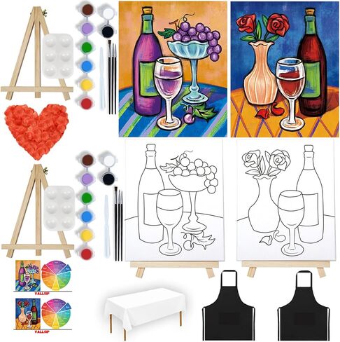 VALLSIP 2 Pack Paint and Sip Canvas Painting Kit Pre Drawn Canvas for Painting for Adults Stretched Canvas Couples Games Date Night Paint Party Anniversary Valentines Day Still life in Saudi Arabia