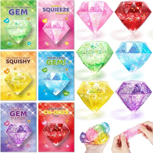 Valentines Gifts Cards for Kids, 24 Pack Gem Squeeze with Greeting Card for Kid Classroom Exchange, Stretchy Stress Set for Boys Girls Toddler Gift School Party Favor in Kuwait