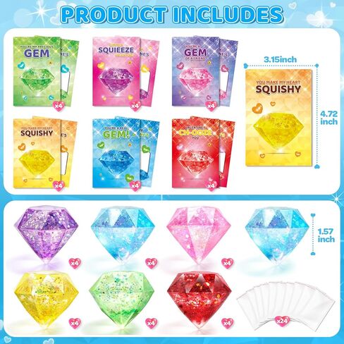 Valentines Gifts Cards for Kids, 24 Pack Gem Squeeze with Greeting Card for Kid Classroom Exchange, Stretchy Stress Set for Boys Girls Toddler Gift School Party Favor in Kuwait