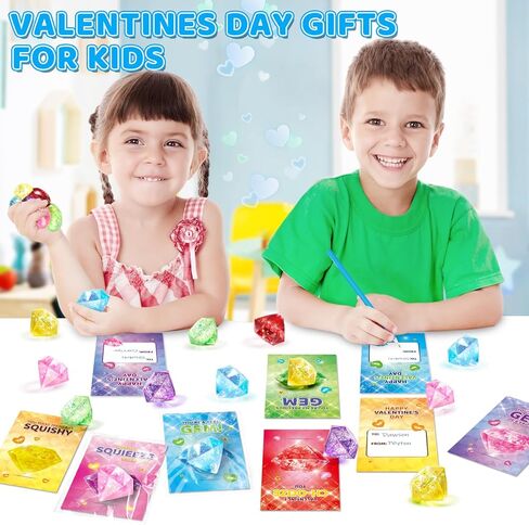 Valentines Gifts Cards for Kids, 24 Pack Gem Squeeze with Greeting Card for Kid Classroom Exchange, Stretchy Stress Set for Boys Girls Toddler Gift School Party Favor in Kuwait