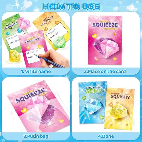 Valentines Gifts Cards for Kids, 24 Pack Gem Squeeze with Greeting Card for Kid Classroom Exchange, Stretchy Stress Set for Boys Girls Toddler Gift School Party Favor in Kuwait