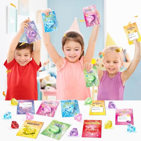Valentines Gifts Cards for Kids, 24 Pack Gem Squeeze with Greeting Card for Kid Classroom Exchange, Stretchy Stress Set for Boys Girls Toddler Gift School Party Favor in Kuwait