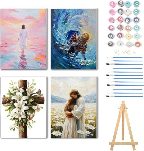 NZNANCHU 4PCS Jesus Wooden Framed Adult Paint by Number Kits,Easy Painting Kits on Canvas,Color by Numbers Acrylic Watercolor Gifts for Friends Home Wall Decor in Saudi Arabia