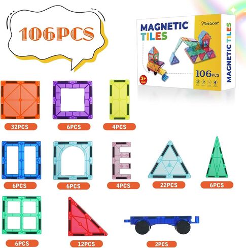 Magnetic Tiles 106 Piece Set, Magnet Building Blocks for Kids Toddlers, STEM Construction Toys with Gift Box for Ages 3 4 5 6 7 8+ Year Old Boys Girls in Saudi Arabia