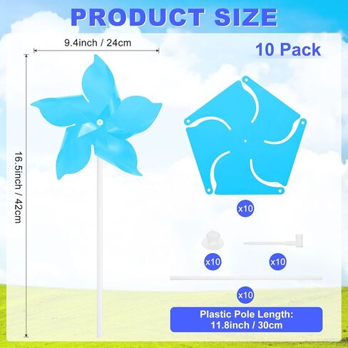 10-Pack Five Blades Rainbow Pinwheels, 9.4 Inch Plastic Wind Spinners Outdoor Flower Windmill for Party Decorations/Yard/Garden, Toy Wind Spinners [Light Blue] in Saudi Arabia