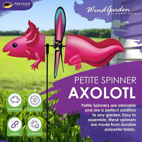 Premier Kites Petite Spinner Axolotl – Whimsical Wind Spinner for Yard & Garden, Durable Weather-Resistant Fabric, Easy to Assemble, Outdoor Decor for Patios, Lawns, & Fairy Lovers in Saudi Arabia