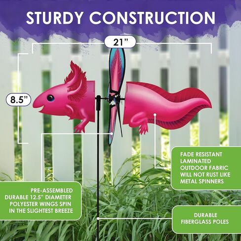 Premier Kites Petite Spinner Axolotl – Whimsical Wind Spinner for Yard & Garden, Durable Weather-Resistant Fabric, Easy to Assemble, Outdoor Decor for Patios, Lawns, & Fairy Lovers in Saudi Arabia