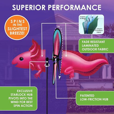 Premier Kites Petite Spinner Axolotl – Whimsical Wind Spinner for Yard & Garden, Durable Weather-Resistant Fabric, Easy to Assemble, Outdoor Decor for Patios, Lawns, & Fairy Lovers in Saudi Arabia